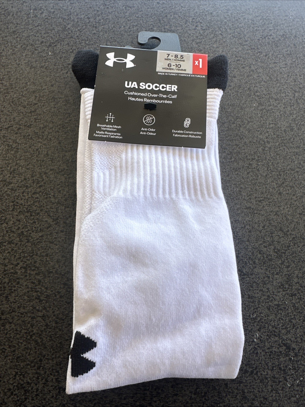 Under Armour UA Soccer OTC Arch Support Socks, White, Mens Size 7-8.5