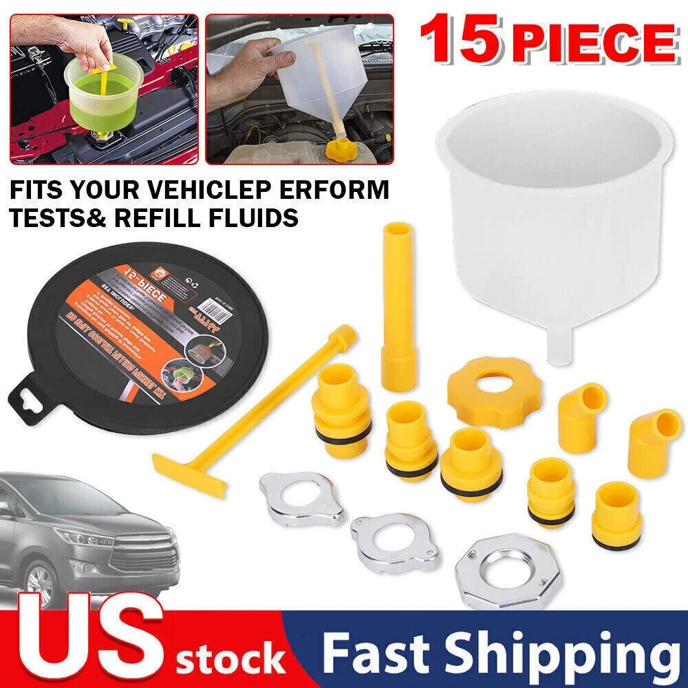 15Piece Spill Proof Radiator Coolant Filling Funnel Kit Car Auto Fluid Oil SET