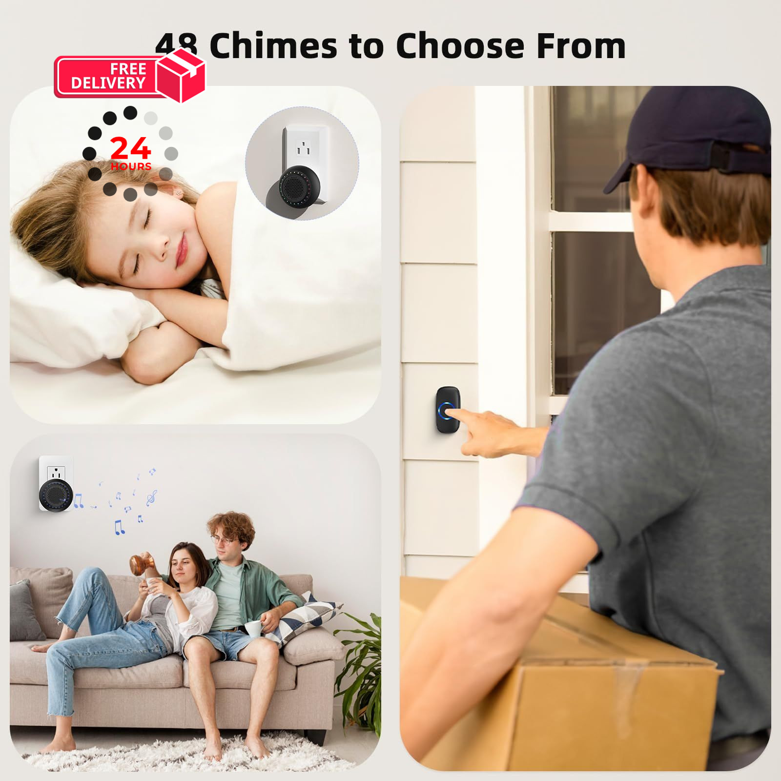 Wireless Doorbell with 2 Receivers, Waterproof 1 Button + 2 Black