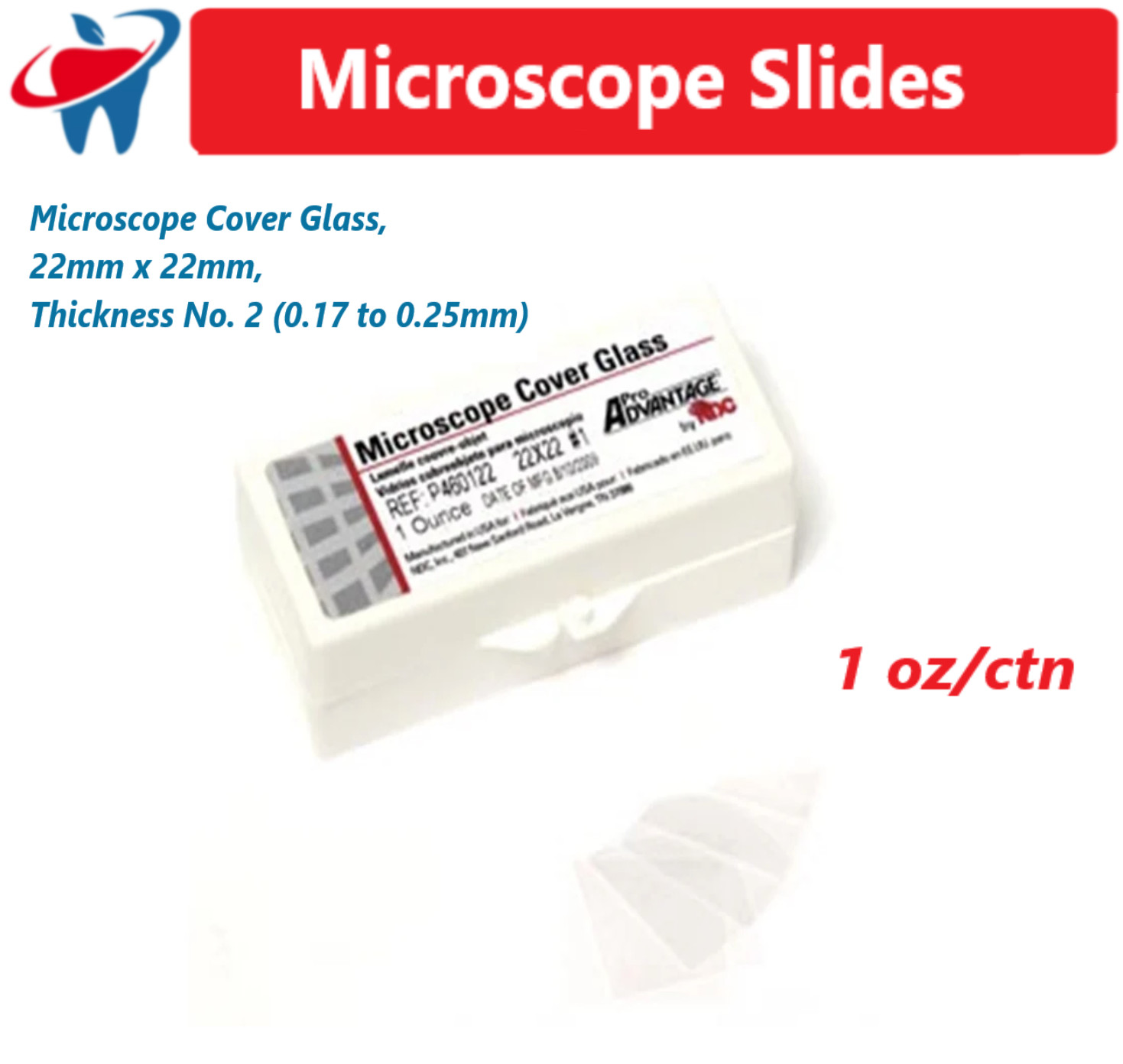 Microscope Cover Glass, 22mm x 22mm, Thickness No. 2 (0.17 to 0.25mm), 1 oz/ctn