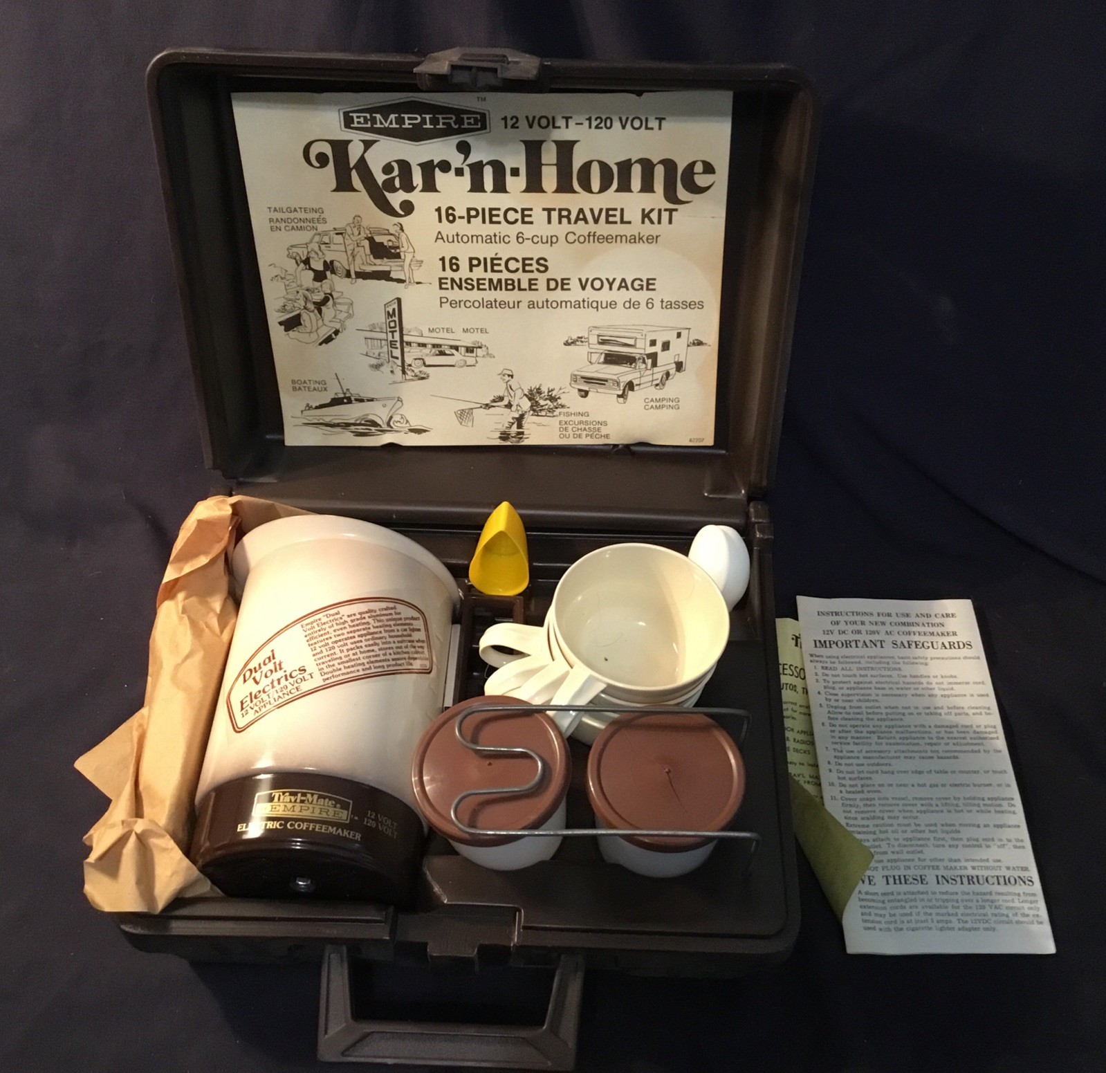 1970s Empire Kar 'N Home Portable Coffee Maker Travel Kit 120/12V 6 Cup Almond