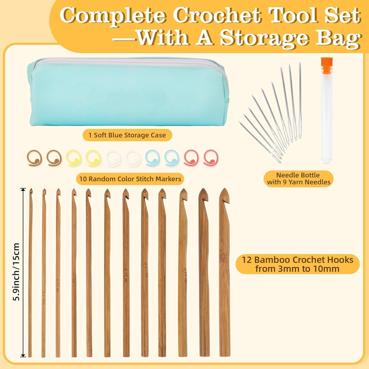 32 Pcs Bamboo Set - Crochet Hook Set Knitting Needles Kit,Including 12 Sizes ...