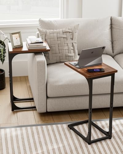 C-Shaped Side Table for Couch - 2-Pack Rustic Walnut Without Power Outlets