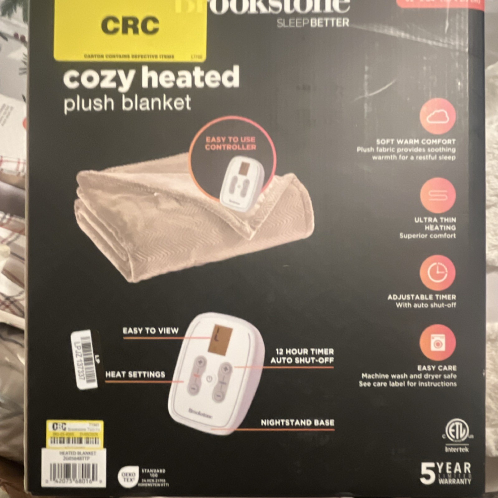 Brookstone Heated Plush Blanket Beige Herringbone Twin Adjustable Timer