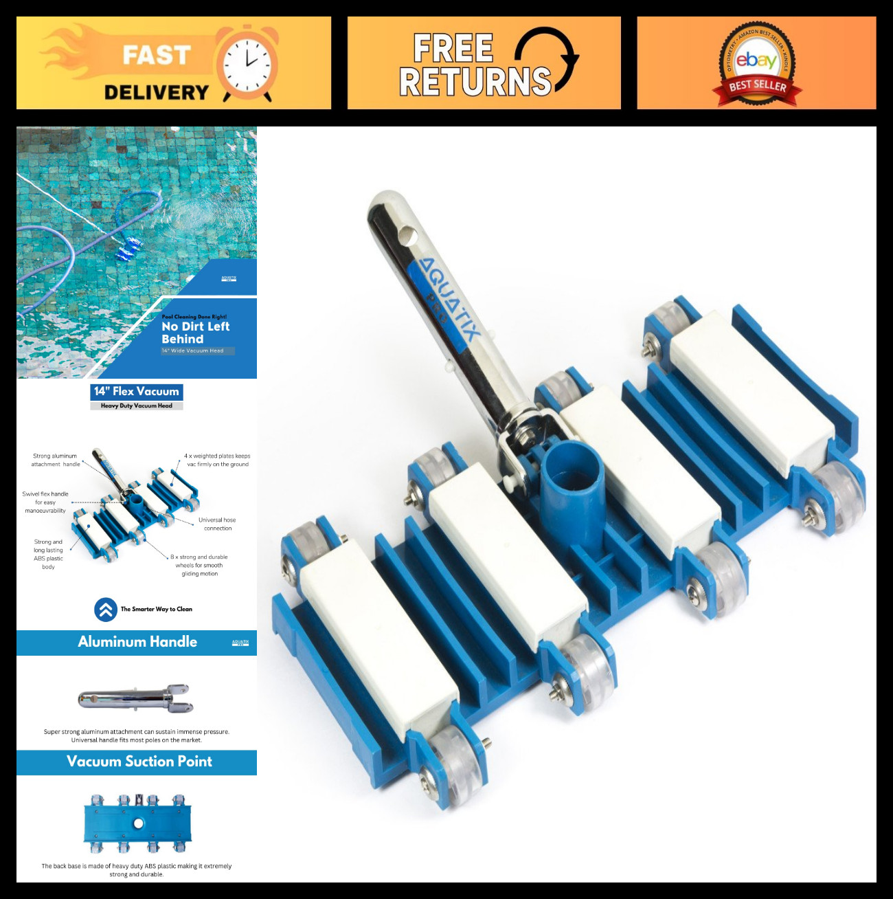 14" Heavy Duty Pool Vacuum Head with Wheels, Aluminum Handle, Swivel & Weighted