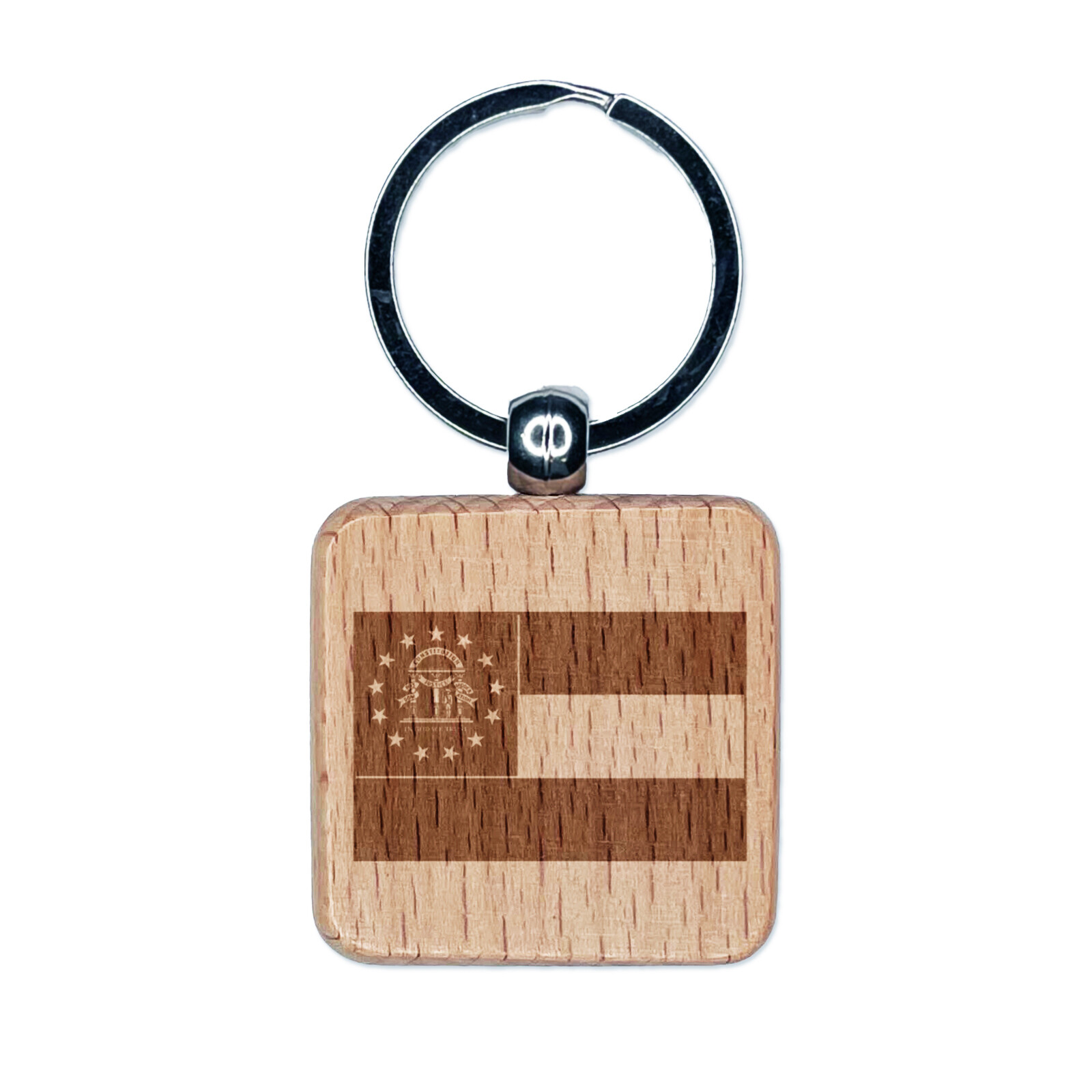 Georgia State Flag Engraved Wood Square Keychain Tag Charm