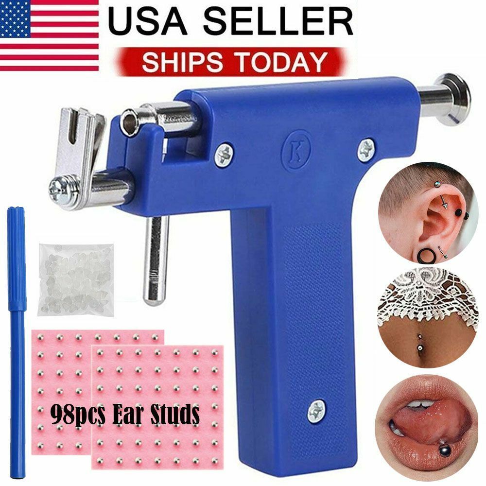 Professional Body PIERCING GUN Ear Nose Navel Tool Kit set jewelry 98 studs USA
