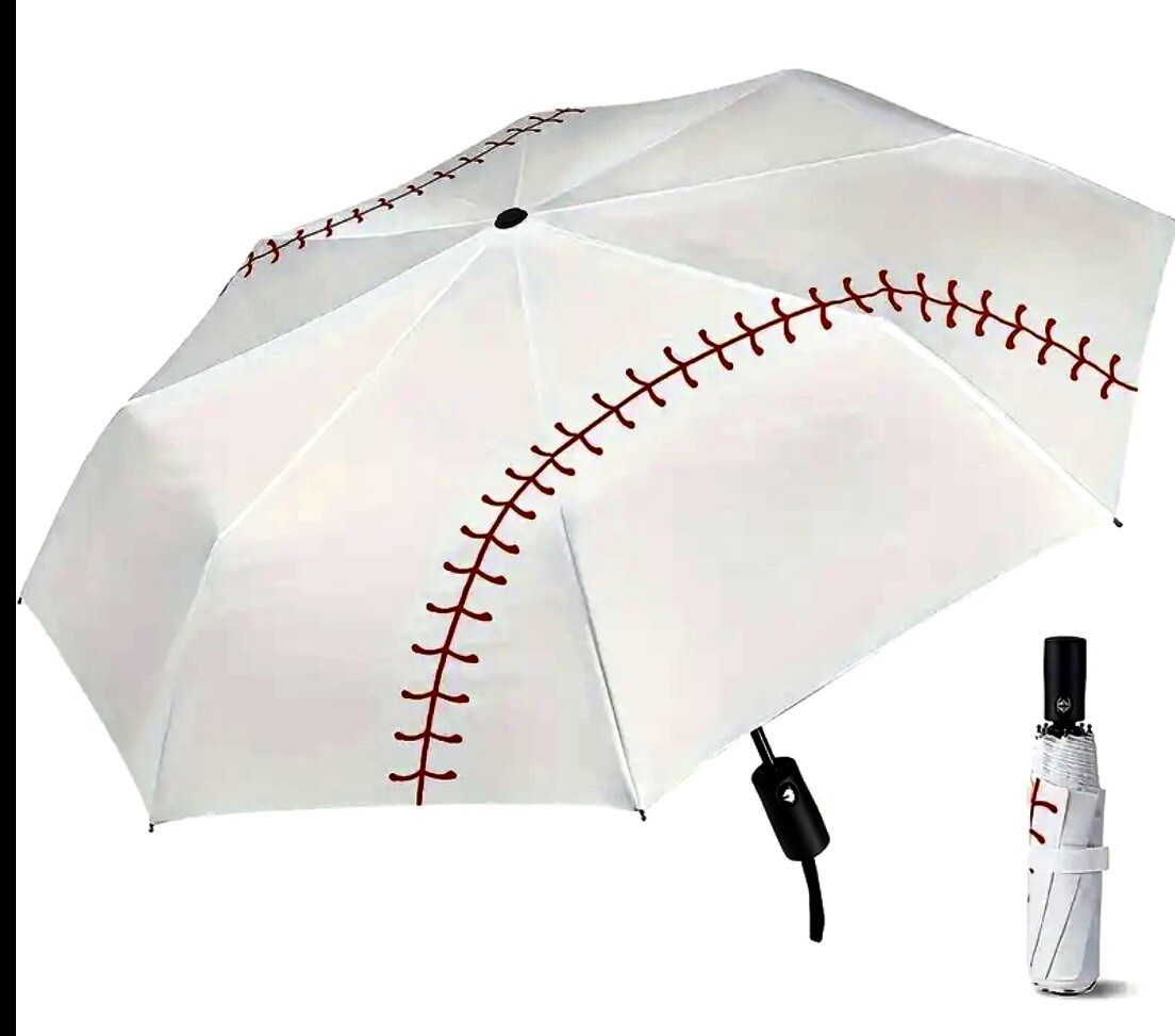 Baseball Umbrella Large 38” White W/ Red Seam Print Auto Open/Close + Cover NEW