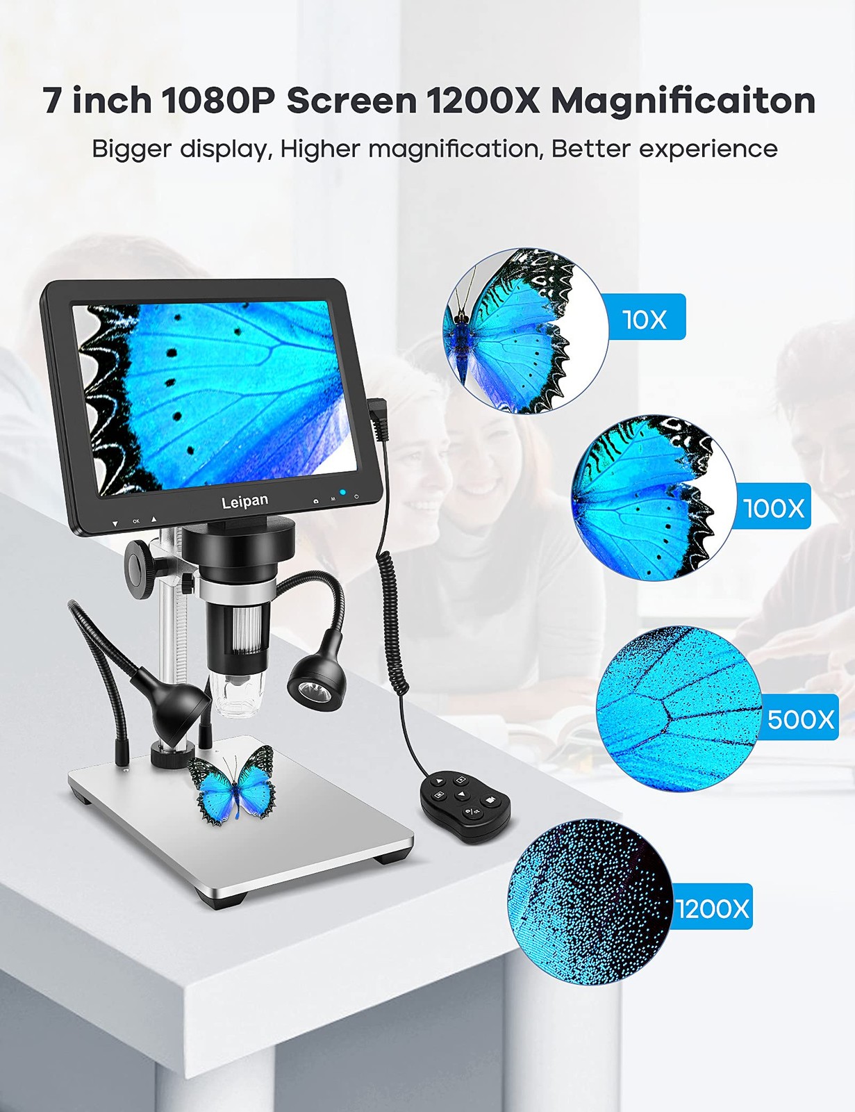 7" LCD Digital Microscope 1200X,Leipan 12MP DM9-7" Microscope, Black