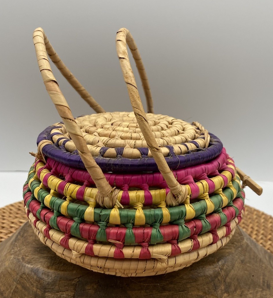 Hand Made Round Lidded Basket With Handles Locking Multi Color
