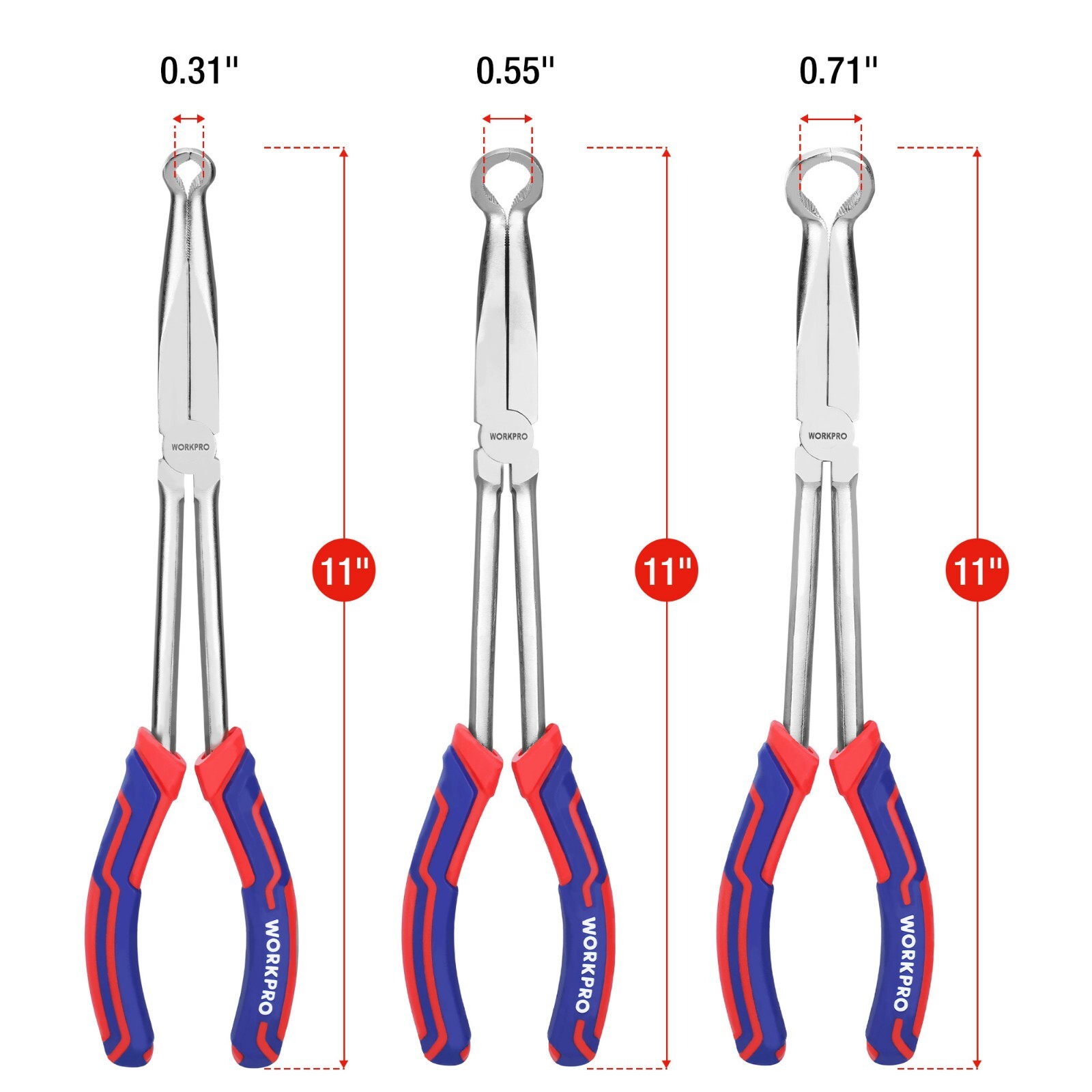 WORKPRO 3 PIECES Long Reach Hose Grip Plier Set 11" Ring Nose Hose Gripper Plier