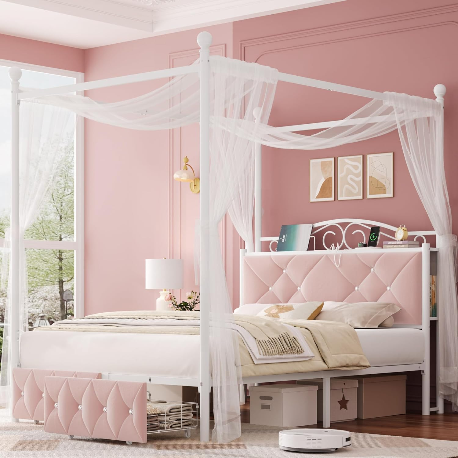 Stylish Pink Canopy Bed Frame with Storage Headboard & Charging Station