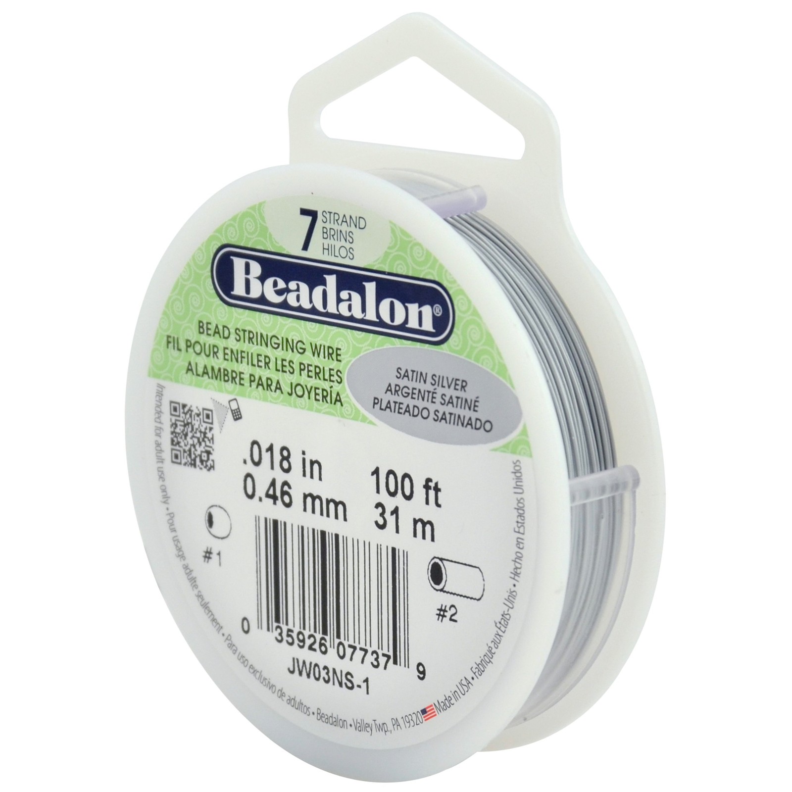 7 Strand Stainless Steel Bead Stringing Wire, 0.018 in / 0.46 mm, Satin Silve...