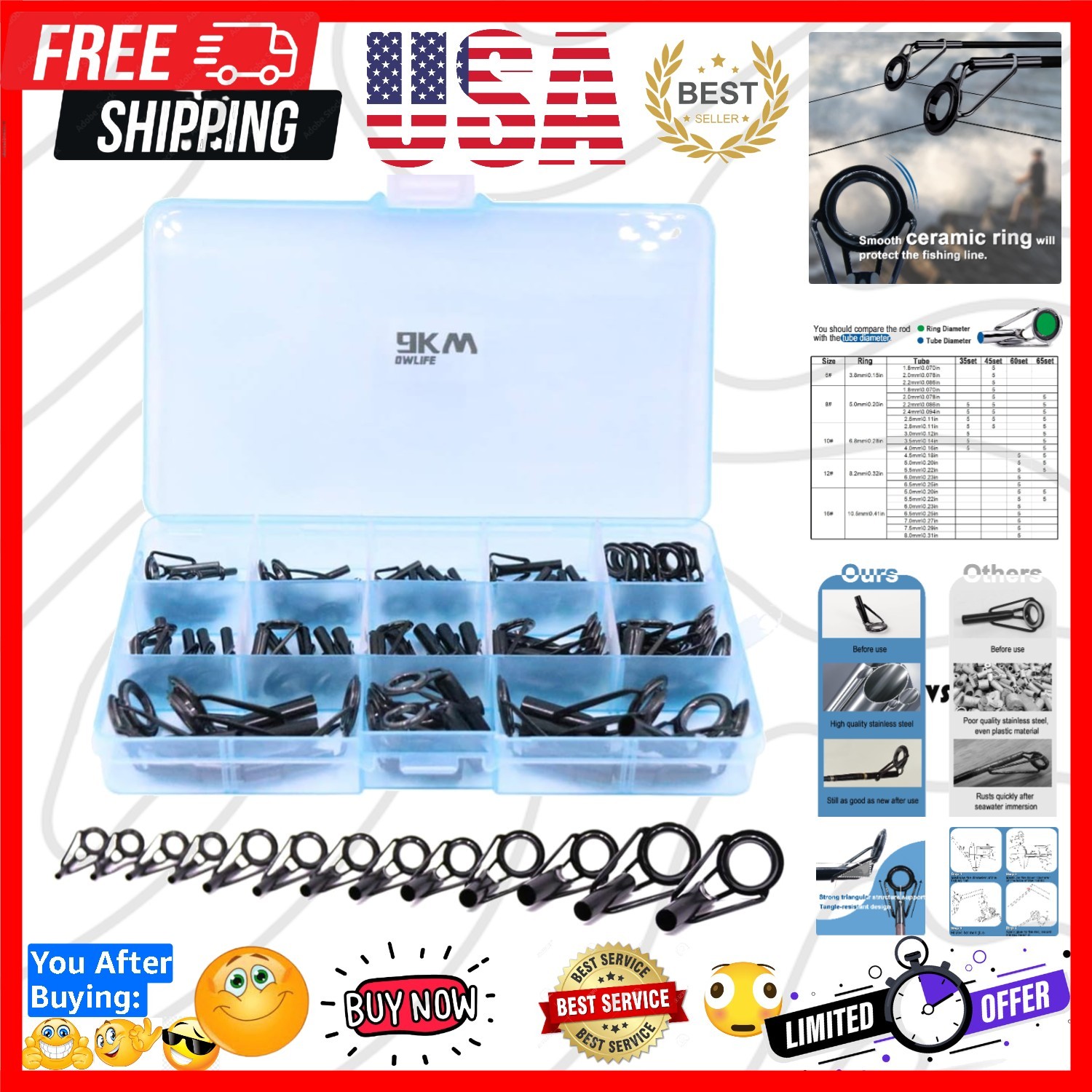 Fishing Rod Tip Repair Kit, Black Stainless Steel, Wear Resistant Ceramic Rin...