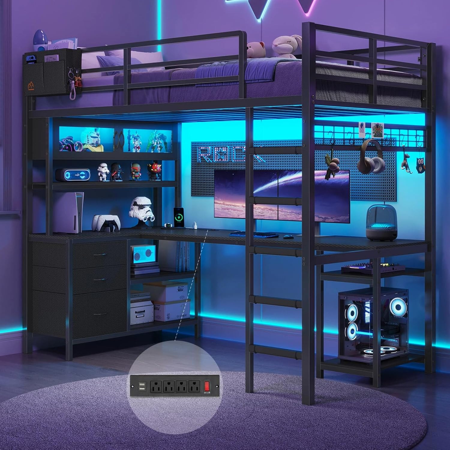 DICTAC Twin Loft Bed with L-Shaped Gaming Desk,Led Lights and Charging Station,G