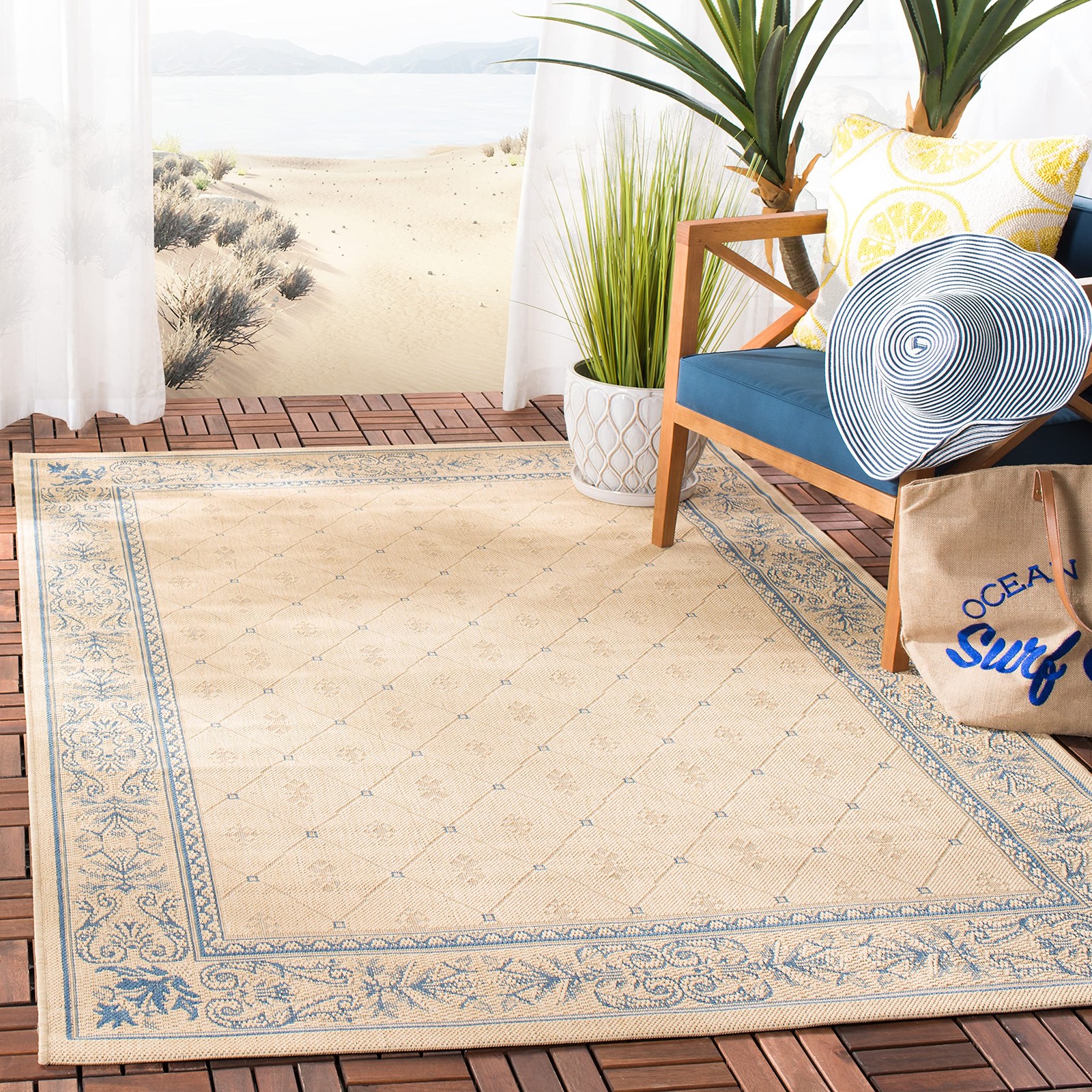 Courtyard Collection Accent Rug - 4' x 5'7, Natural & Blue, Non-Shedding & Easy