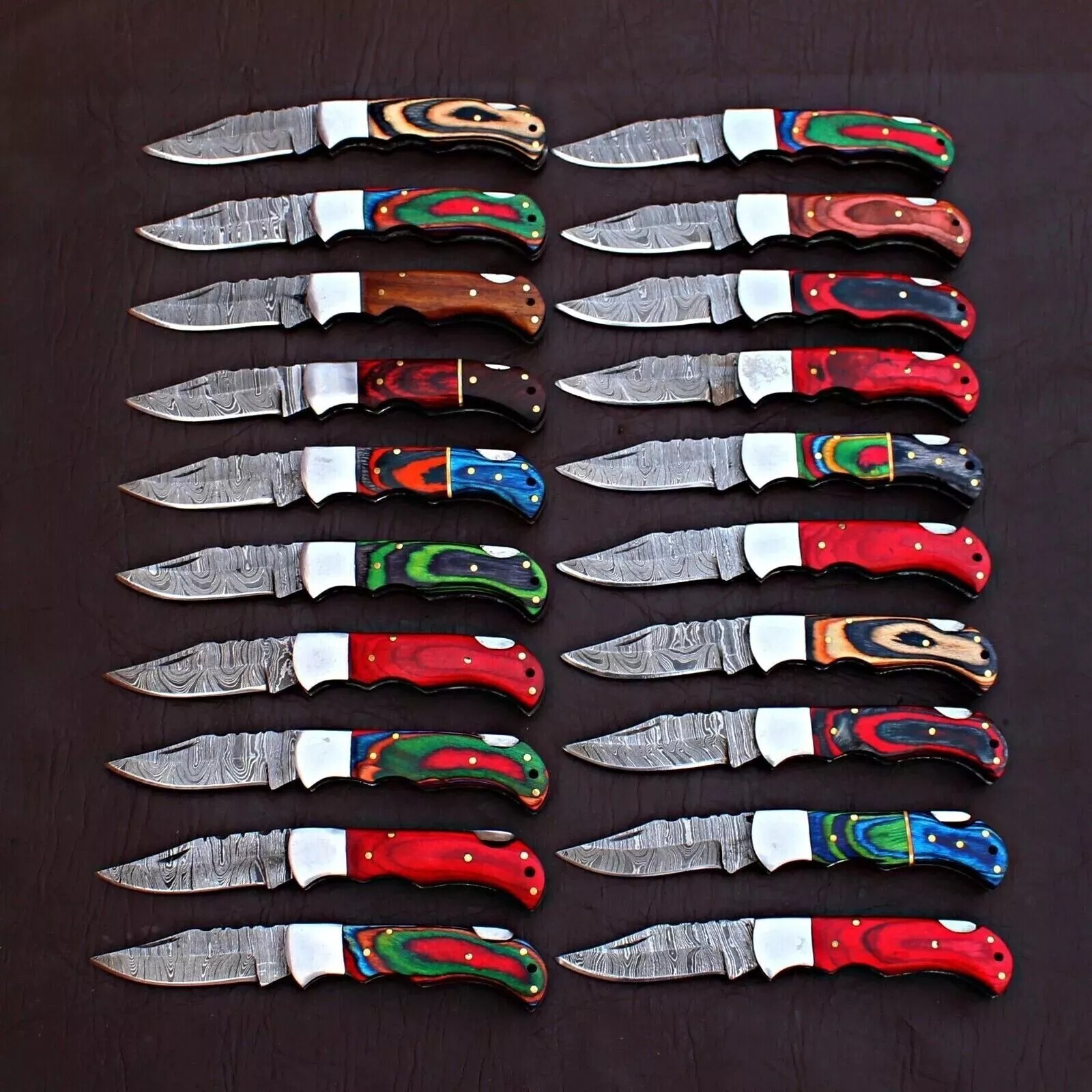 SET OF 50PCS HANDMADE DAMASCUS FOLDING KNIVES, COLORED WOOD HANDLE & SHEATH