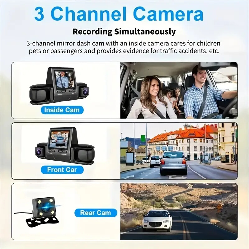 2-Inch 3 Lenses Dash Cam Front Rear Inside 1080P Car DVR Dashboard Camera