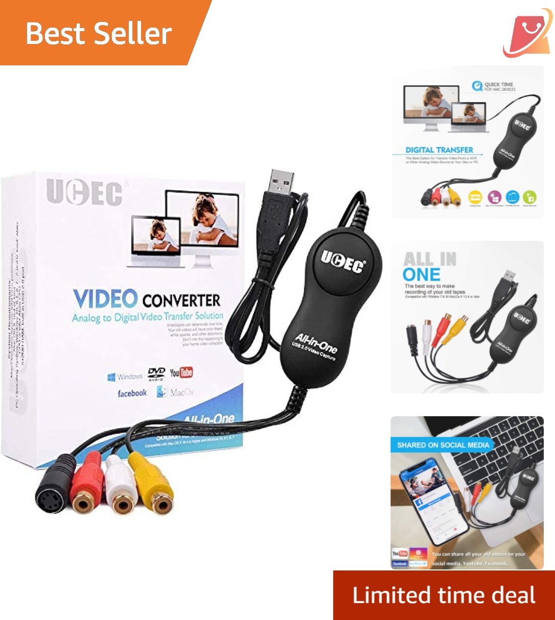 VHS to Digital Converter Kit RCA USB Video Capture Device Mac Windows 80