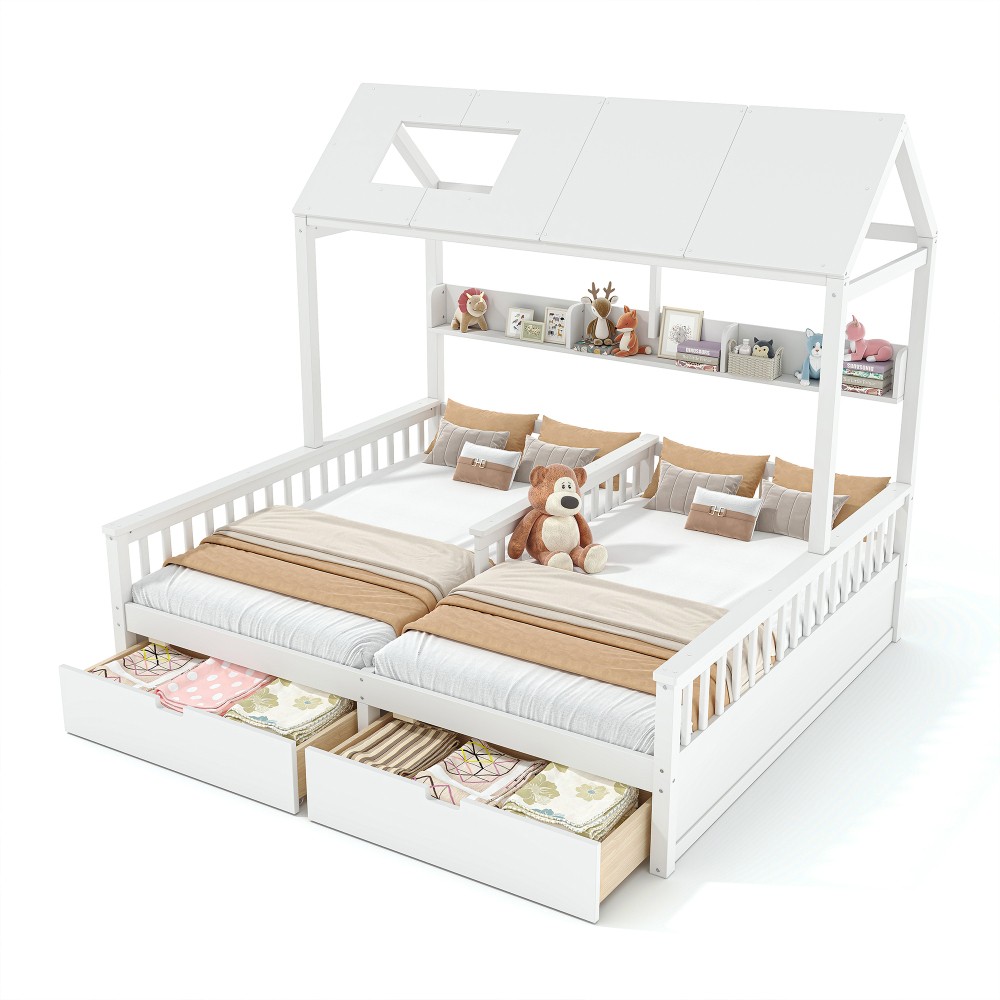 White Double Twin Platform Bed w/ Storage Shelves & Drawers