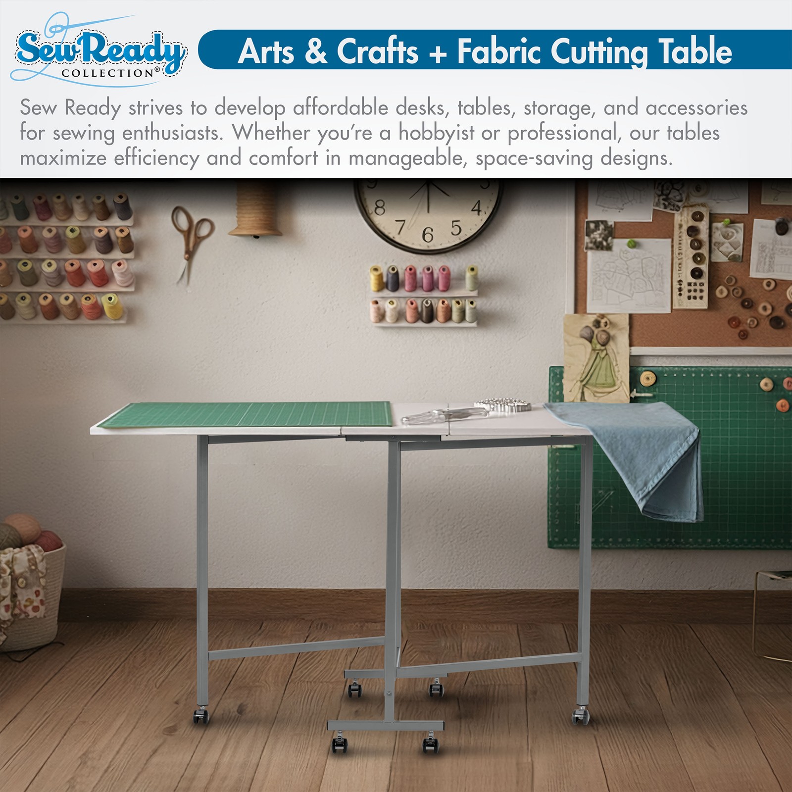 Sew Ready Folding Craft and Cutting Standing Table with Wheels, Silver/White
