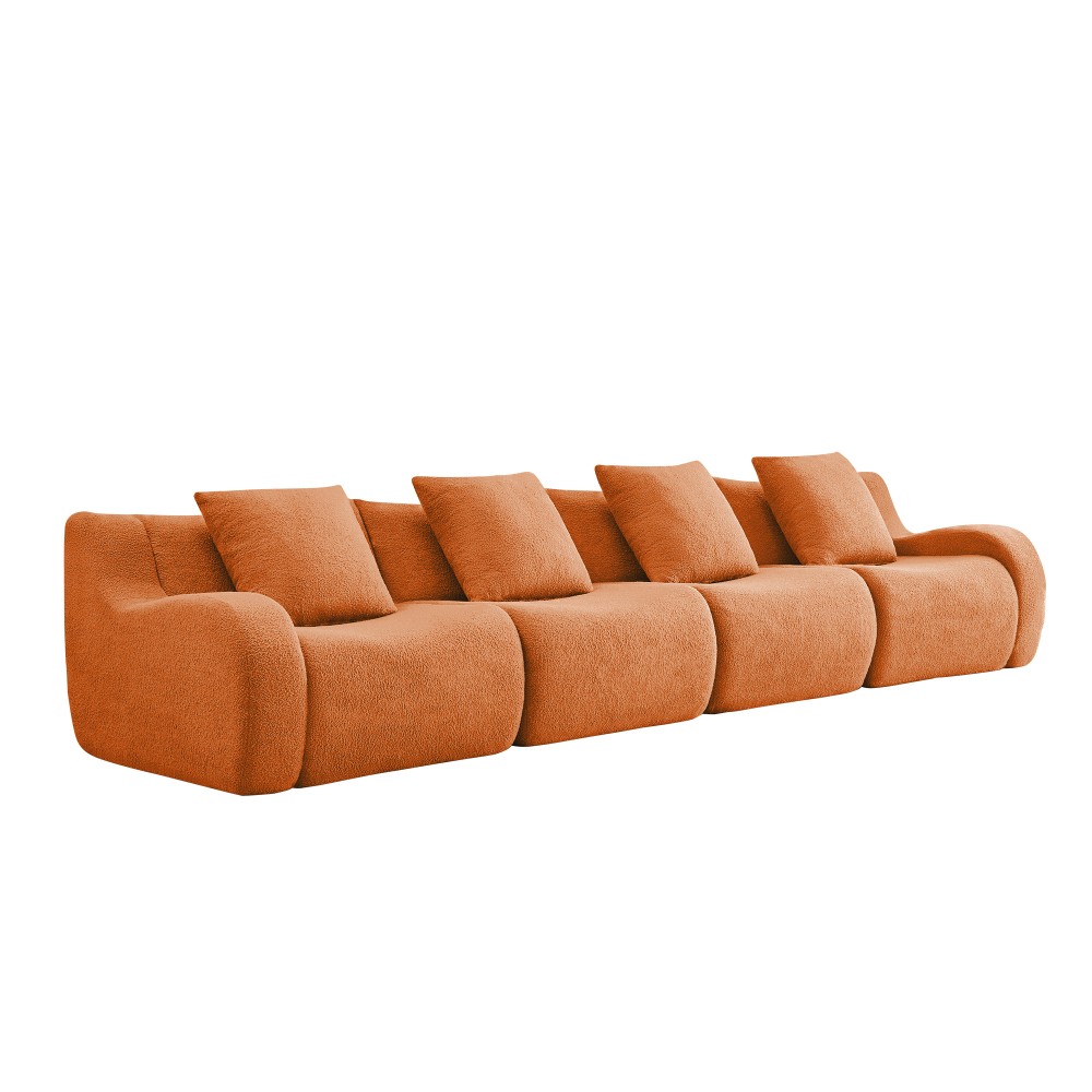 4-Seat Teddy Fabric Sofa, No Assembly Required w/ Curved Armrests, Orange