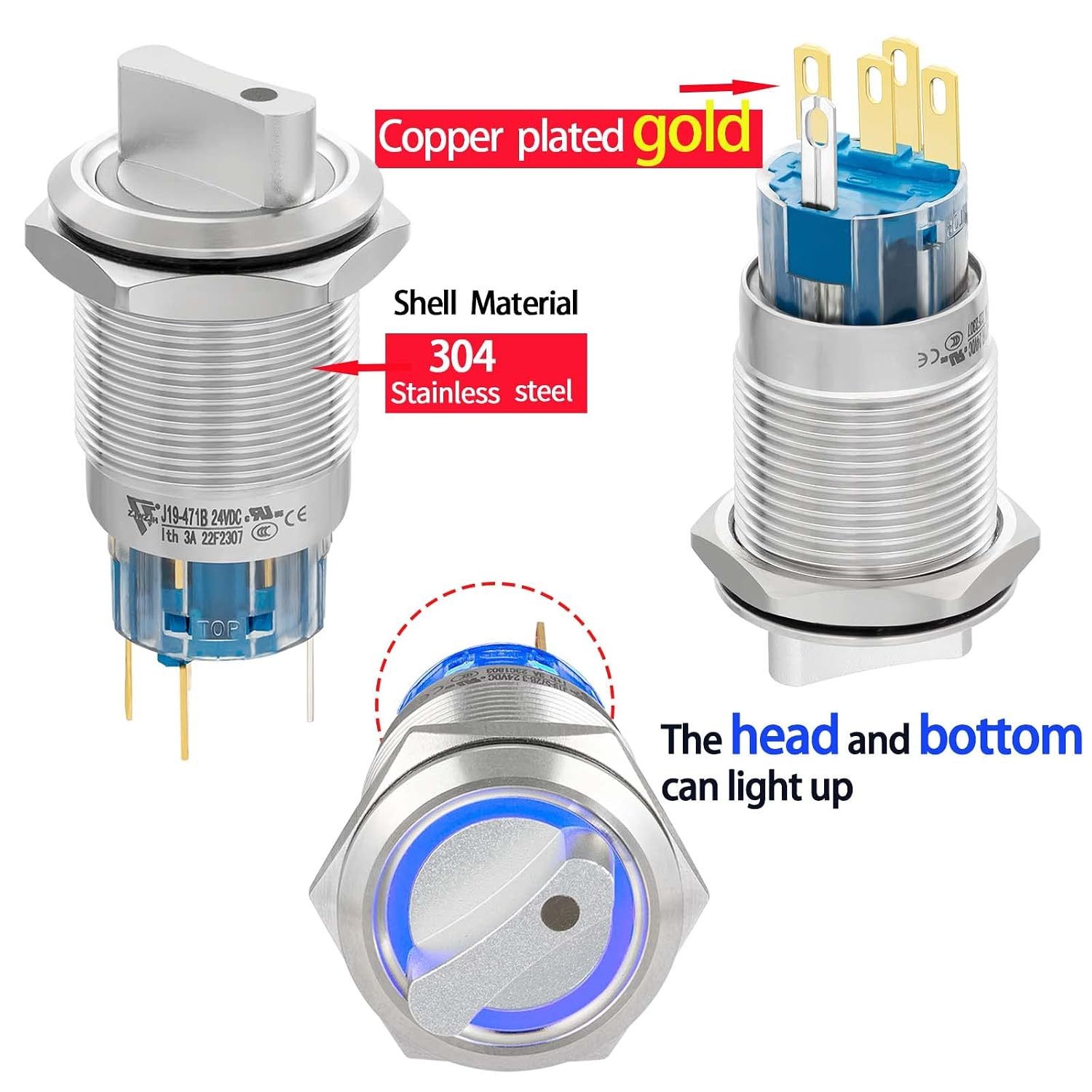 UL Listed 3 Position Rotary Switch 19Mm 12V-24V DC/AC, Latching Selection