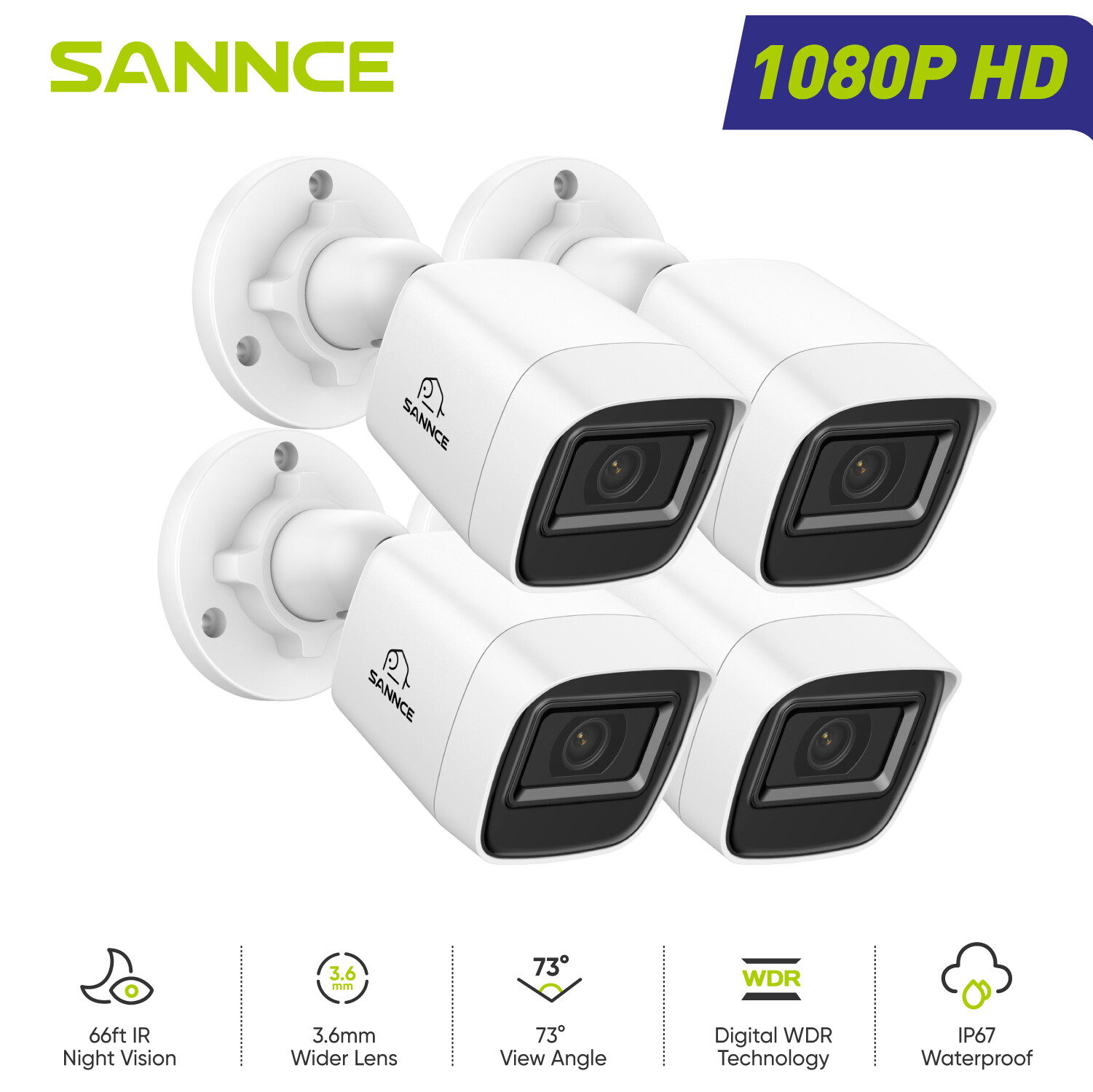 SANNCE 4x HD 1080P Video Outdoor 2MP CCTV Security Camera IR Night Vision IP67