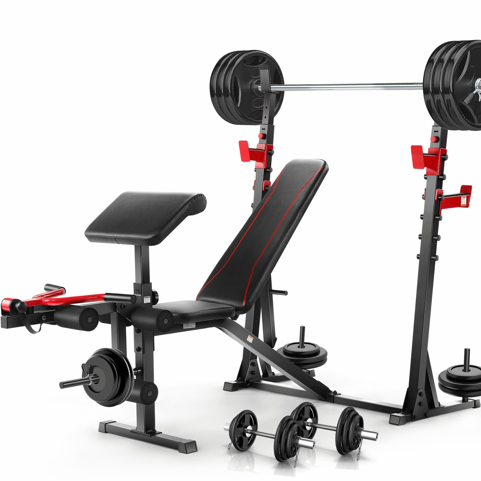 900lbs Olympic Weight Bench Set with Squat Rack, Preacher Curl Full Body Workout