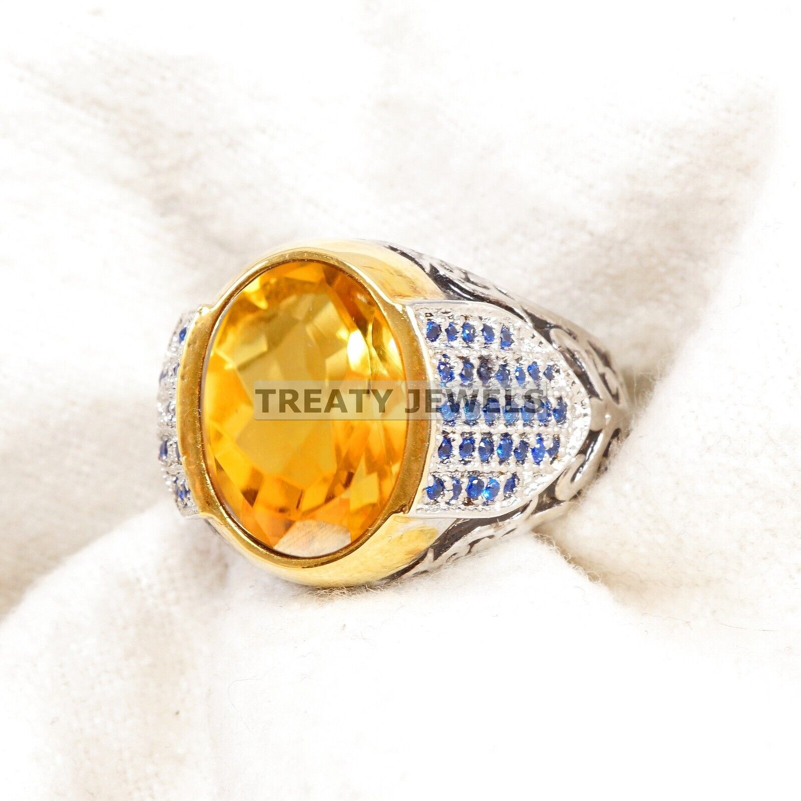 Citrine Oval Cut Gemstone With 14K Solid White Gold Ring For Men's #A996