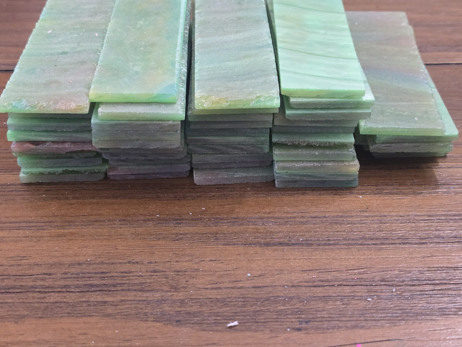 23 PAIRS OF GREEN ABALONE LOOK ACRYLIC KNIFE SCALES 5" X 1  1/2" X 3/16"