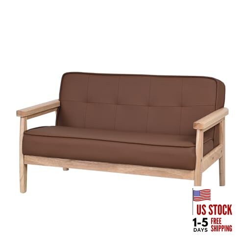 Double Seater Kid Sofa Chair, Kid Couch with Solid Wood Armrest and PU Brown