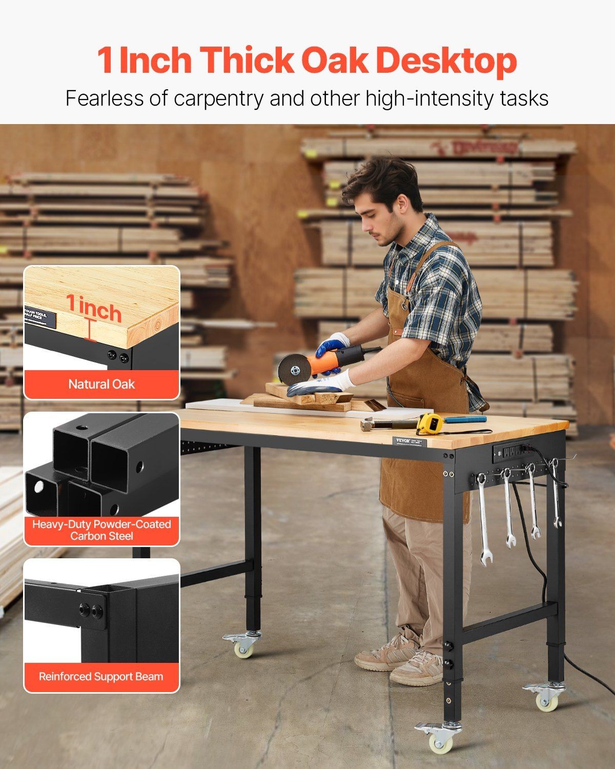 48in 2000lb Heavy Duty Workbench with Power Outlet & Pegboard, Adjustable