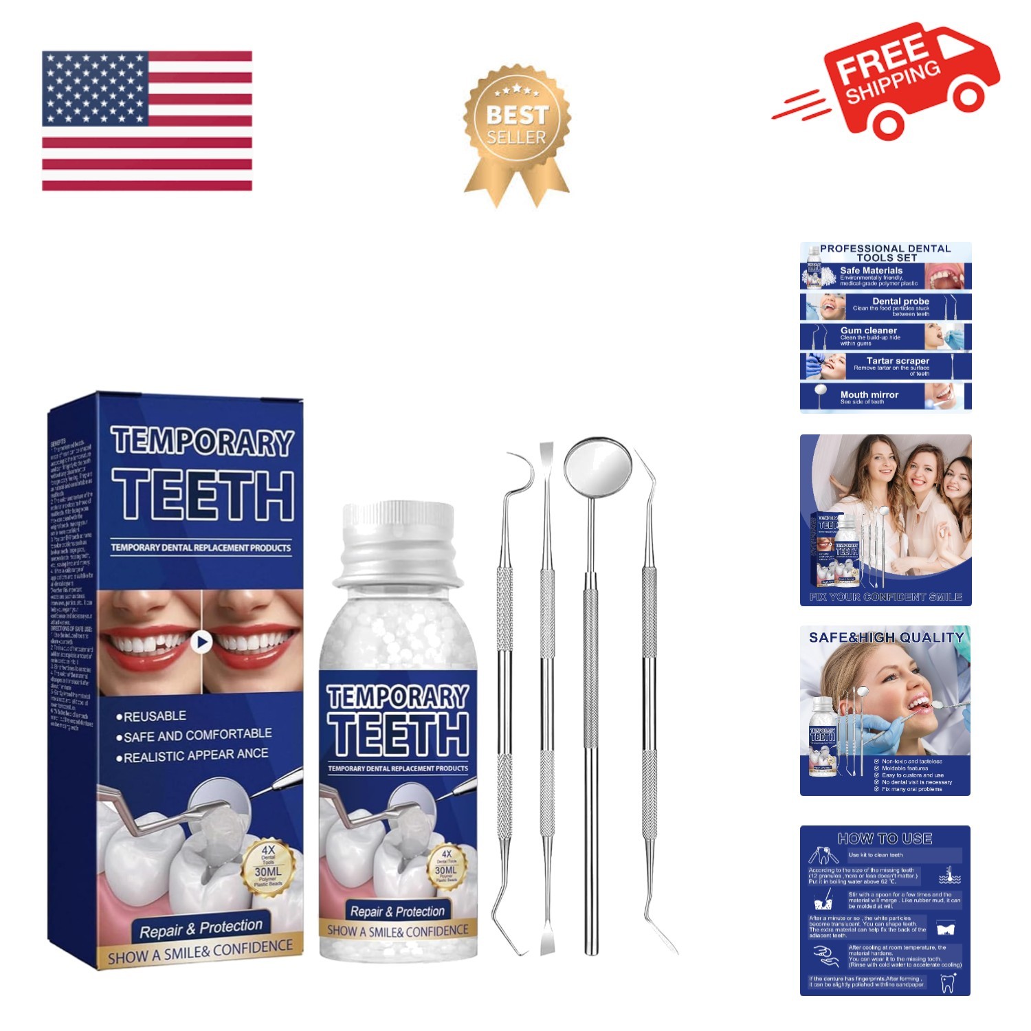 Tooth Repair Kit, Moldable Tooth Filling Repair Kit with 4 Dental Tool, Denta...
