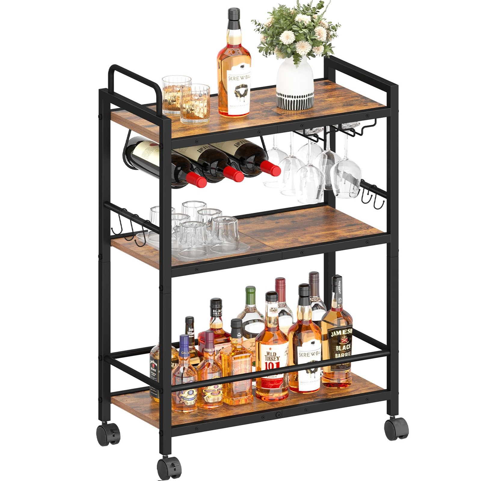 Home Bar Serving Cart, Serving Cart with Wheels and Handle, 3 Tier Rolling Ki...