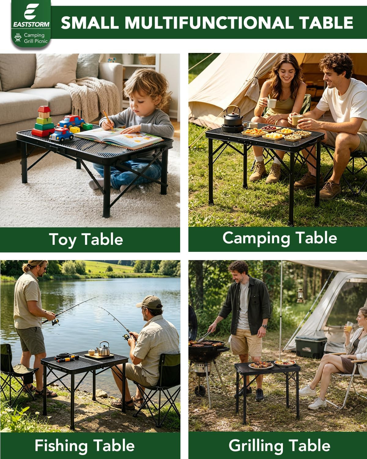 2 Ft Folding Camping Table, Adjustable Height 10.6-22 In, Small Grill Table | Bl