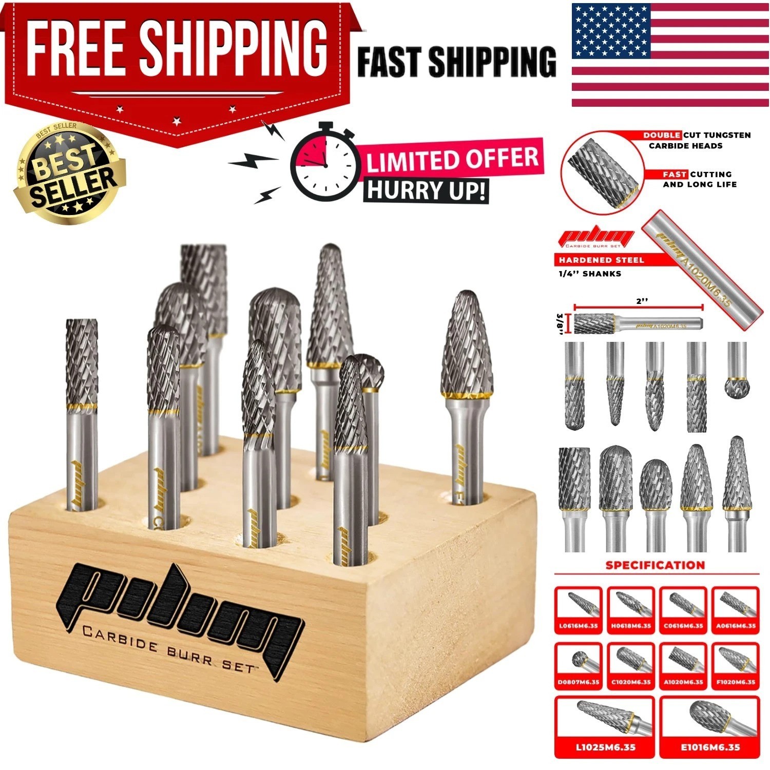 10PC Tungsten Carbide Burr Set - 1/4" Double Cut Rotary Bits for Wood & Metal