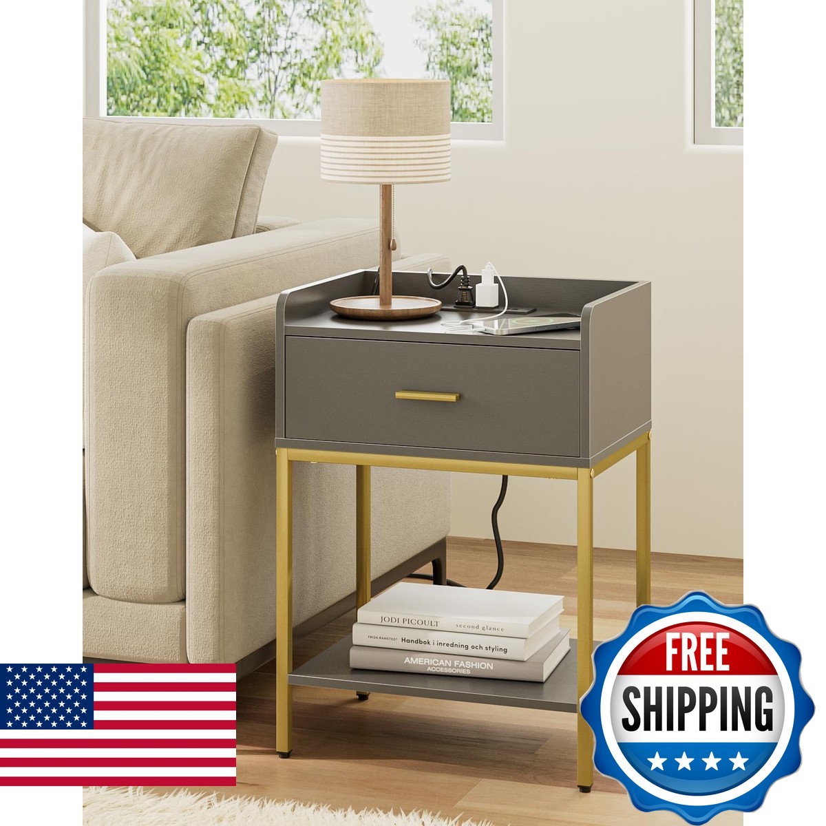 Apetaccat Nightstand with Charging Station 3-Tier Bedside Table Gray