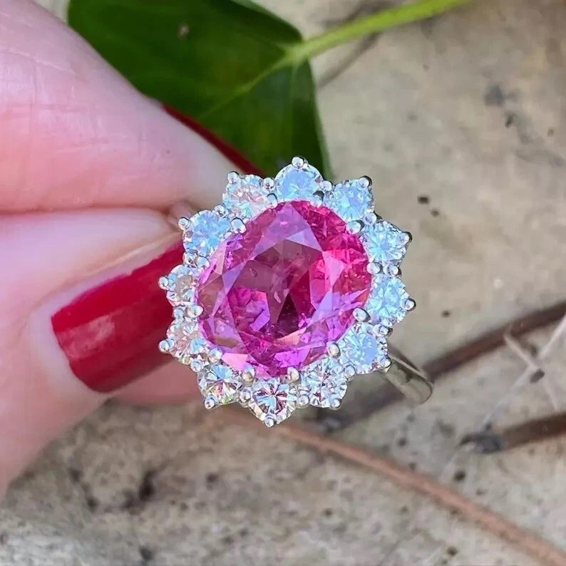 6.8 Ct Oval Cut Natural Pink Sapphire Diamond Wedding Ring 14K White Gold Size 7