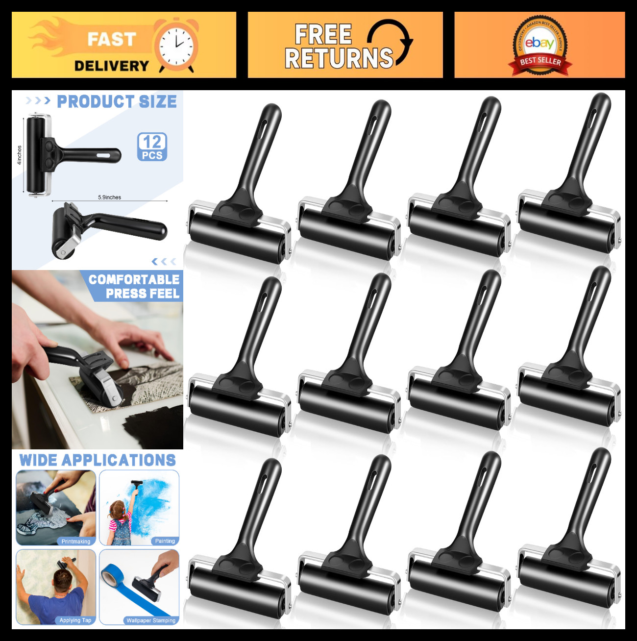 6 Pack 4" Rubber Brayer Rollers for Crafting, Printing, Inking, Stamping & Gluin