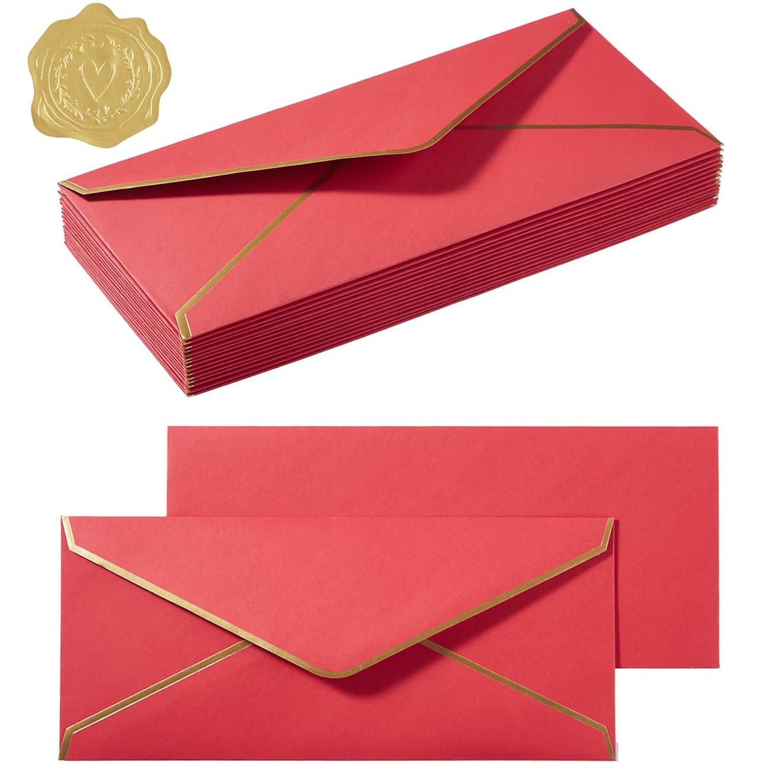 100 Pack #10 Business Envelopes with Gold Stickers, Red | Self Seal Standard ...