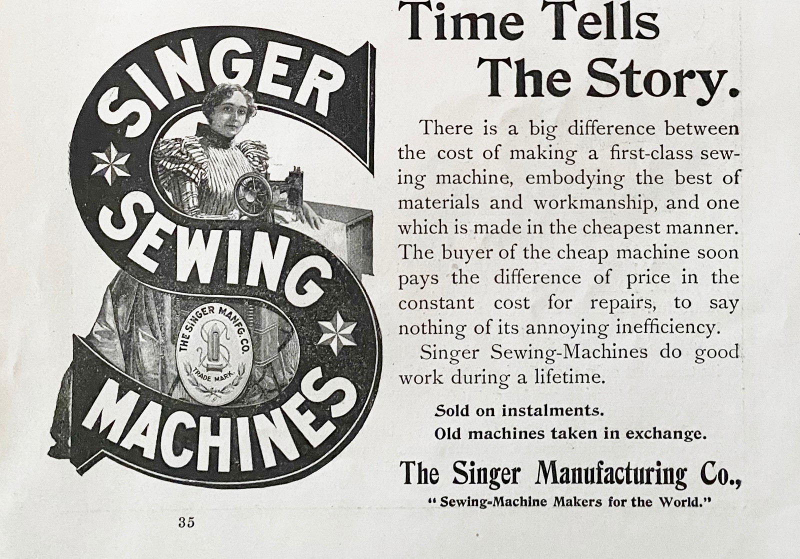 Antique SINGER Sewing Machines Trademark Logo Time Tells Story Vtg 1900 Print Ad