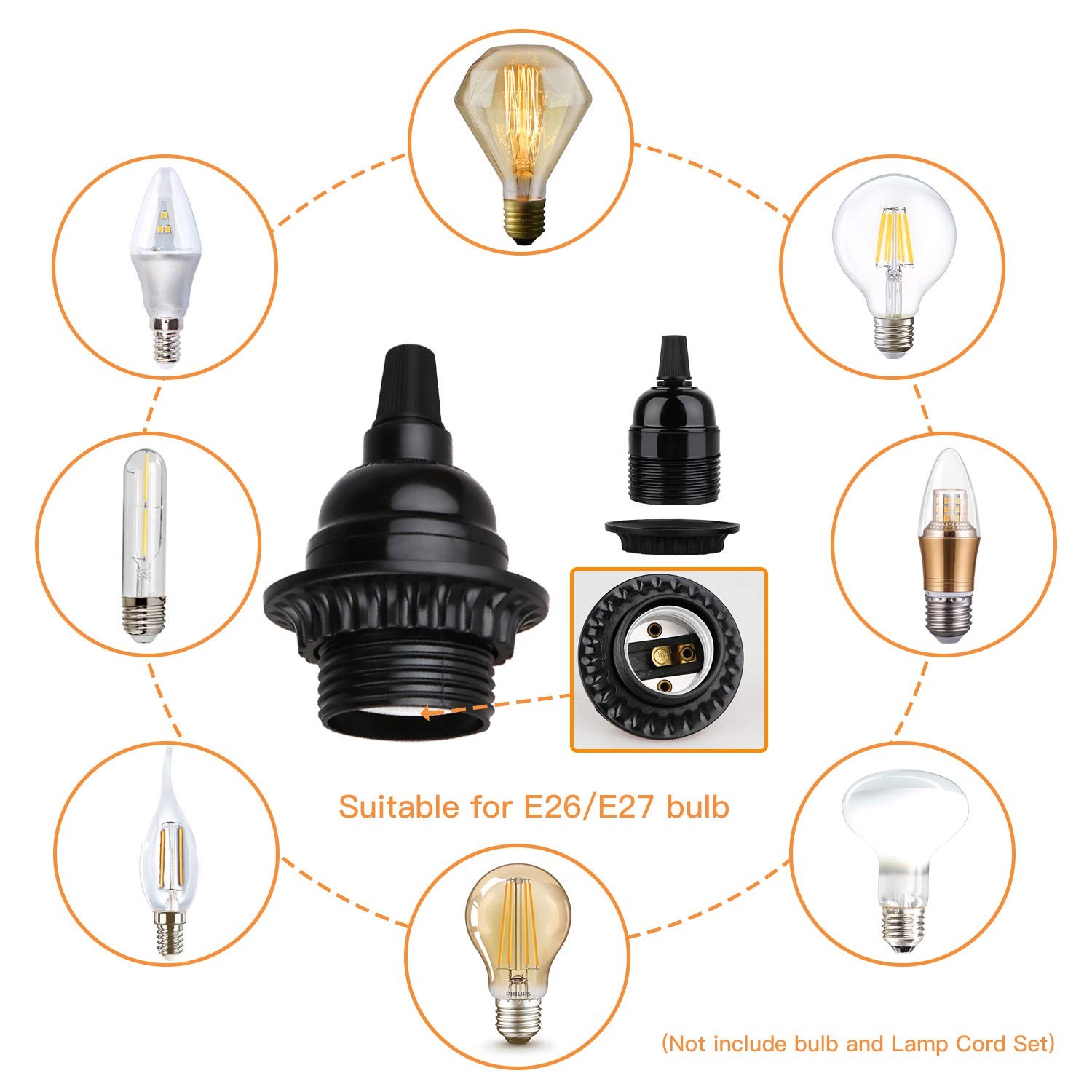 Zevnico 8 Pack E26 E27 Light Sockets, Black Threaded Keyless 8-pieces,