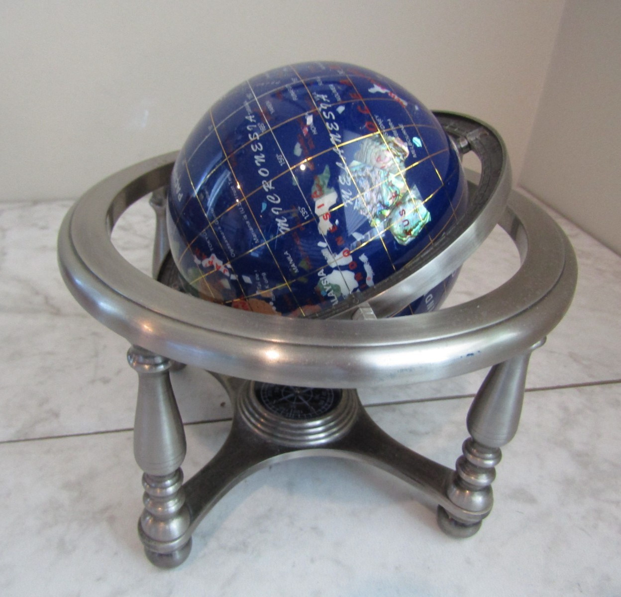 7" Tall Blue Lapis Ocean Table Top Gemstone World Globe with Compass On Tripod