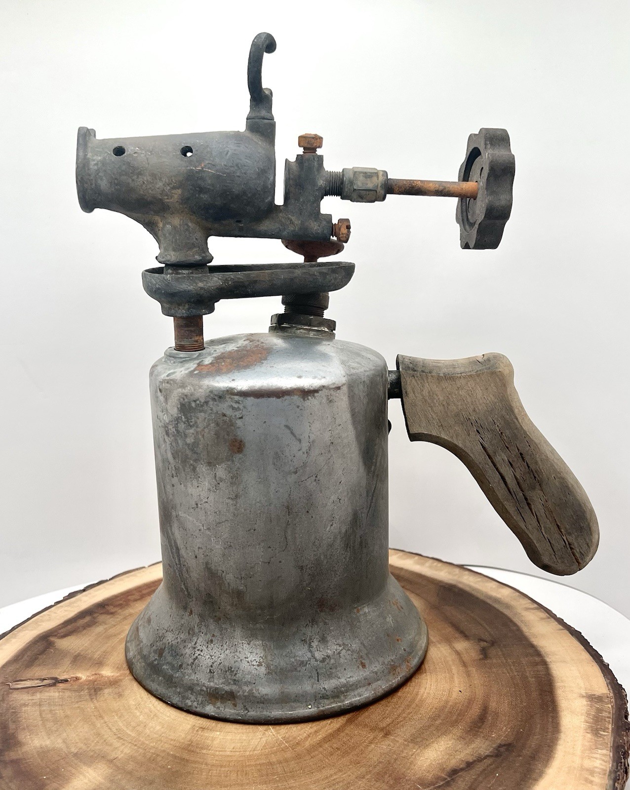 Antique Vintage Blowtorch Fuel Torch Galvanized Steel w Wood Handle Industrial