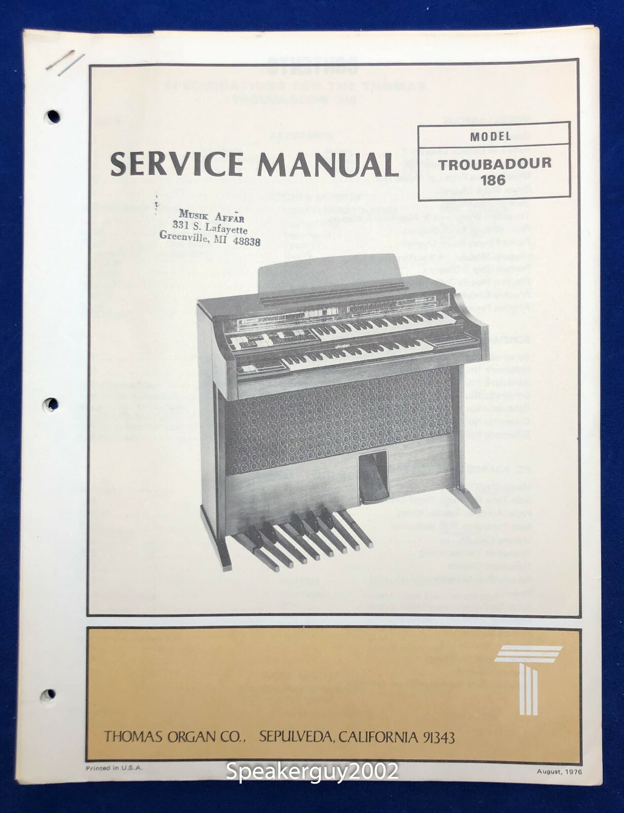 Original Thomas Organ / Troubadour 186 / Service Information - Manual