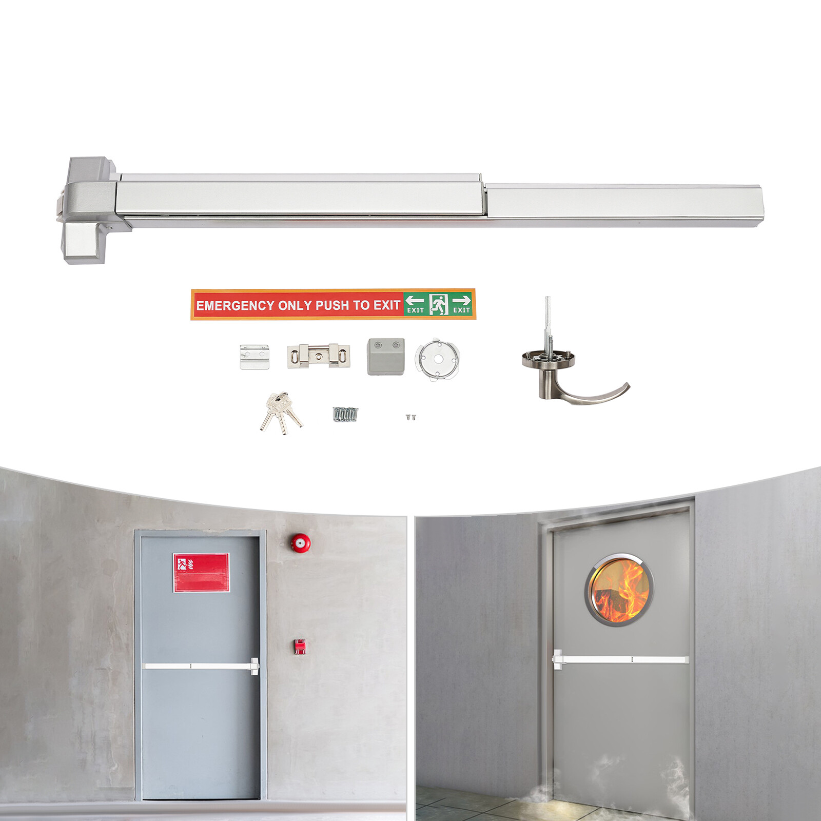 Fire Rated Panic Exit Device Push Bar 1760℉ 72min w/ Ext Lever & 3 Keys