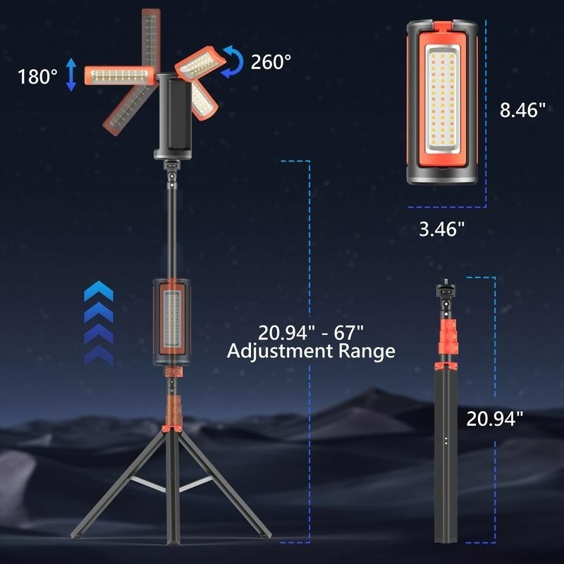 3-Head Rechargeable LED Camping Light 10000mAh, 67" Adjustable Stand, Tripod