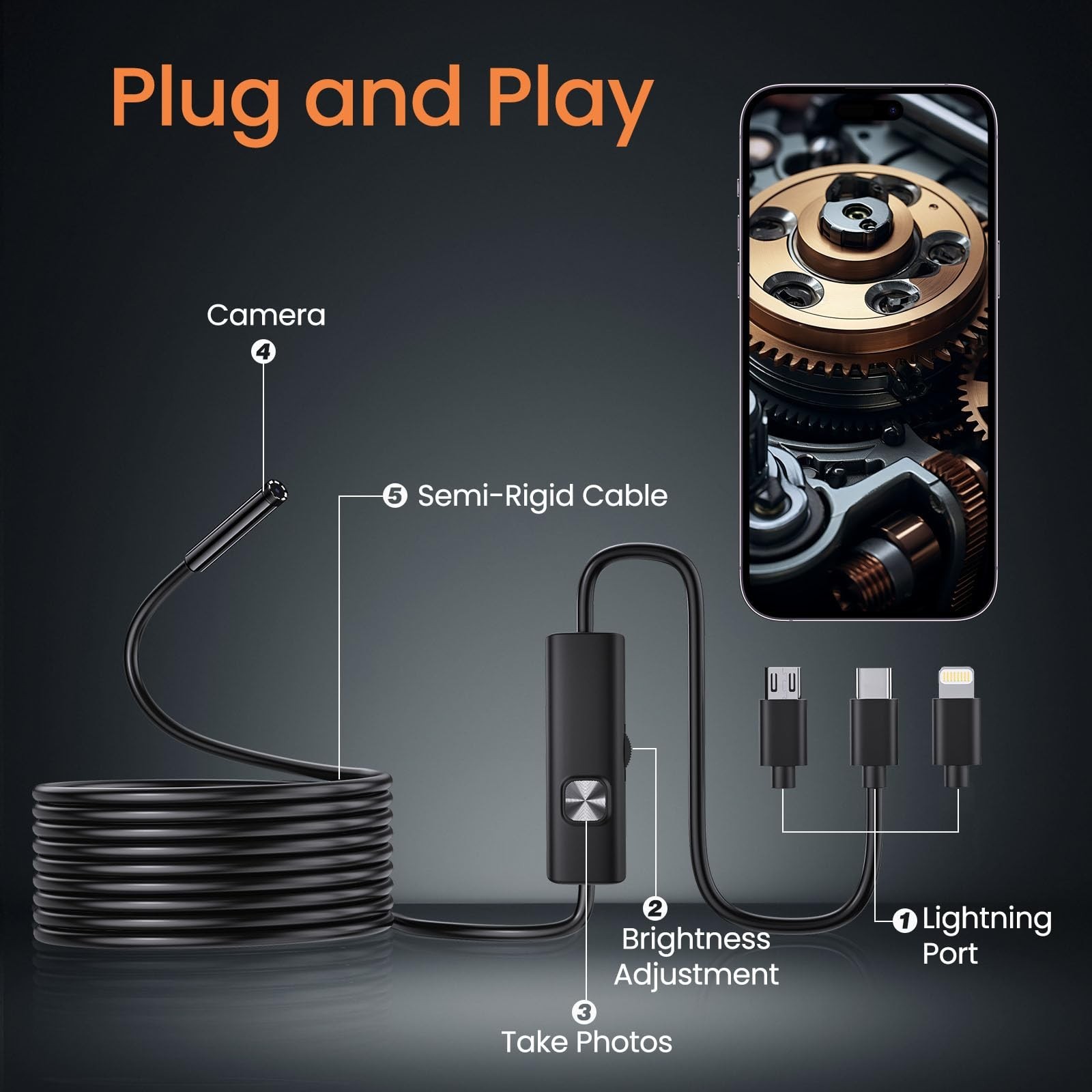 1920P HD Endoscope Camera with Dimmable LED Light, 16.4ft Waterproof Borescope