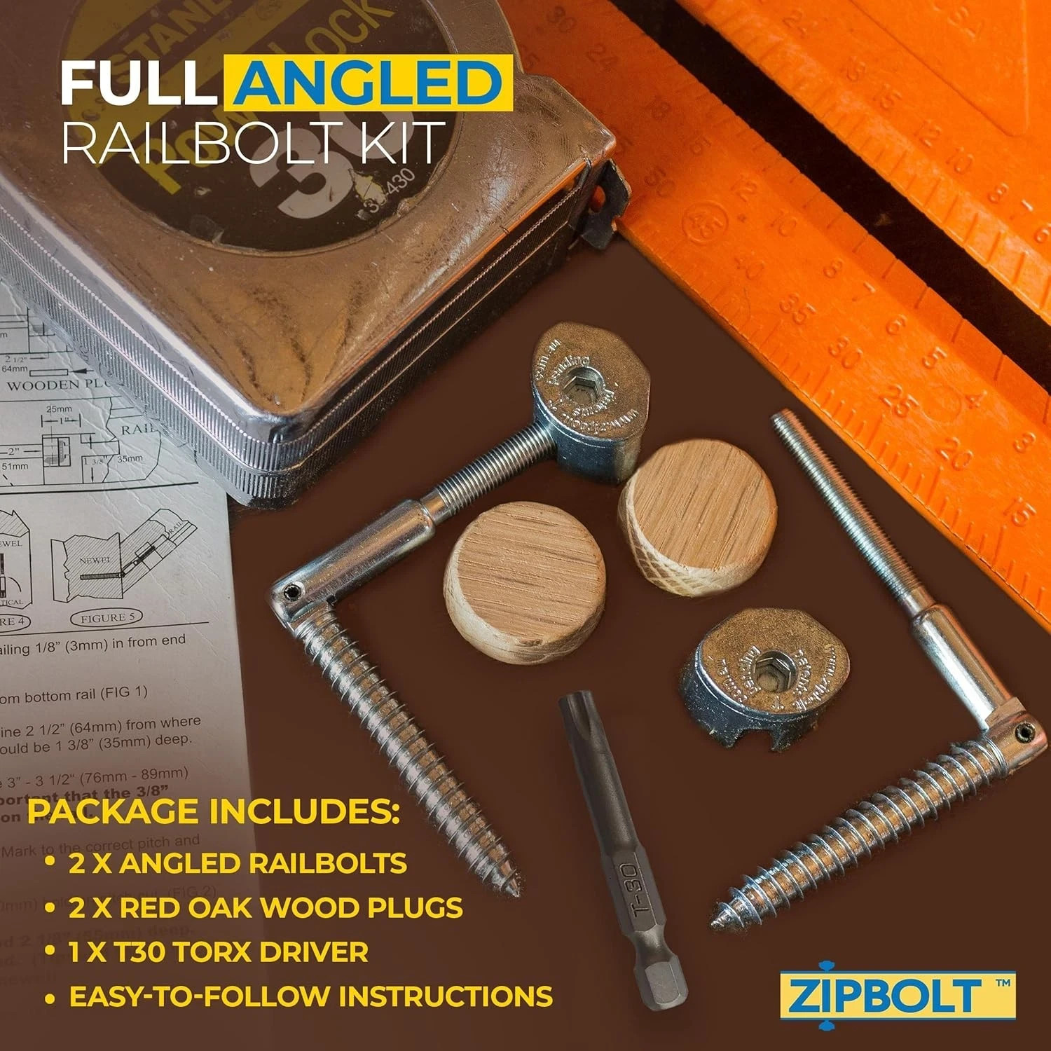 Zipbolt 11.560 Angled Railbolt — Staircase Handrail 1 Pack, Metallic